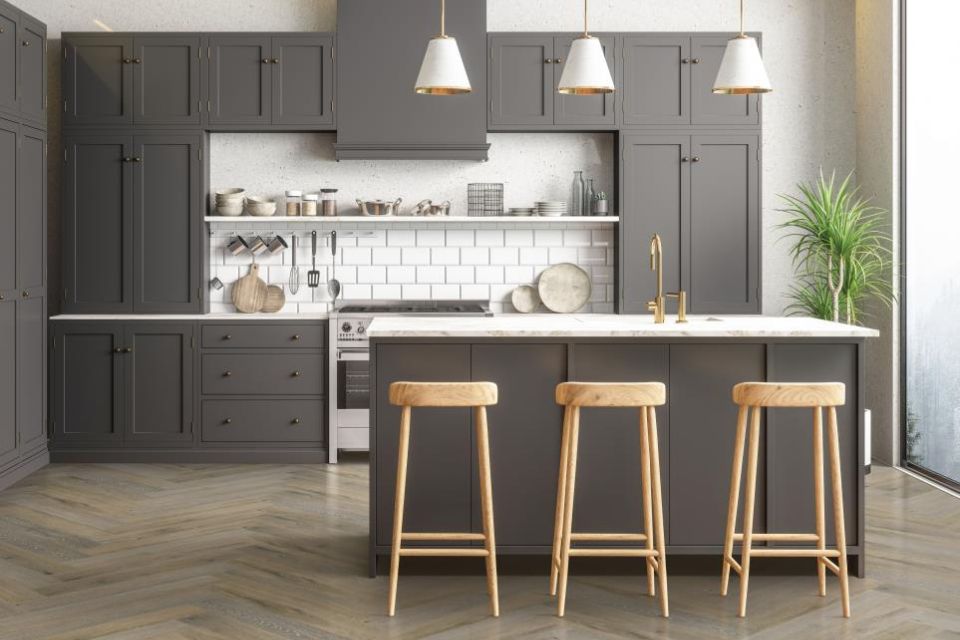 herringbone hardwood flooring in kitchen